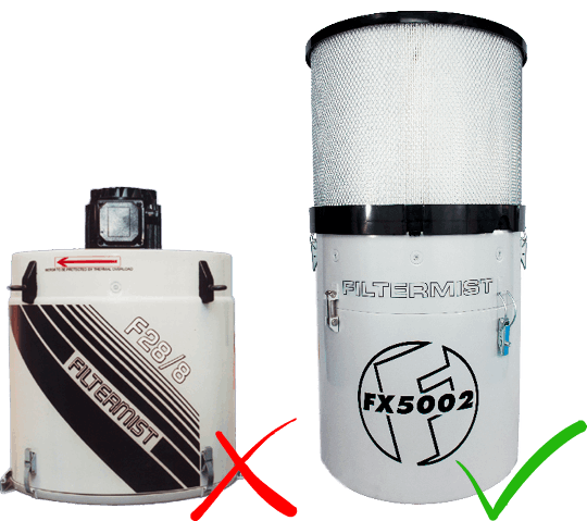 Two industrial air filtration units side by side: the left unit (F28/8) is marked with a red X, and the right unit (FX5002) is marked with a green check mark, indicating the preferred choice